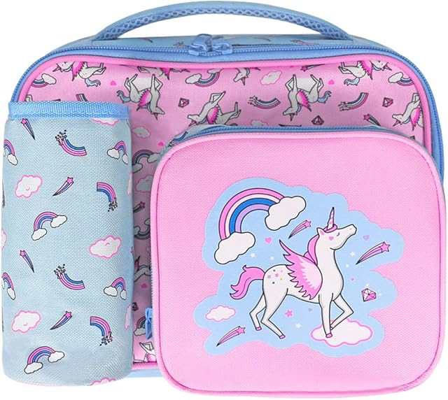 Kids Lunch Bag for Girls with Bottle Holder, Children Unicorn Lunch Box with 3 Compartments- Thermal Insulated Cooler Bag for School Toddler Nursery Travel Snacks Carrier -Pink