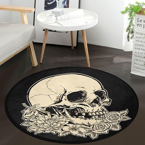 keepcute Alfombra redonda de calavera de 2 pies, color negro, redonda, antideslizante, lavable, para cocina, dormitorio, sala de estar, 2 x 2 pies,
