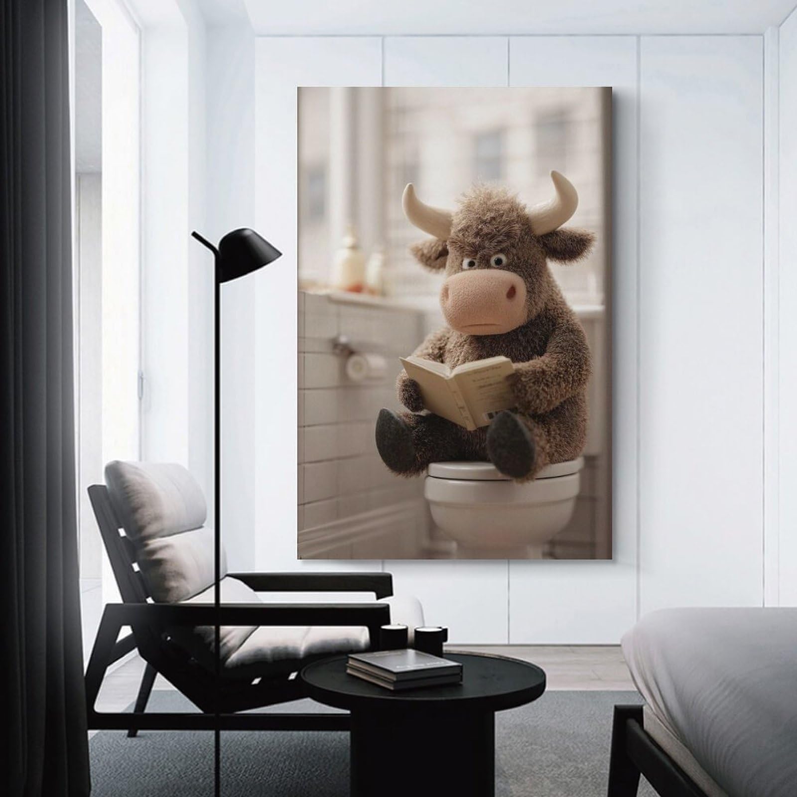 Junmoney Wall Art Print Plush Bull Reading on Toilet, 08x12inch(20x30cm), for Contemporary Homes, Apartments Or Offices, An Easy Choice for New Home Styling