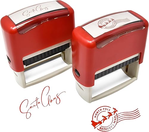 Juego de 2 sellos de goma autoentintados de Navidad con sello distintivo de Papá Noel y sello de correo de reno de polo norte en impresión roja para