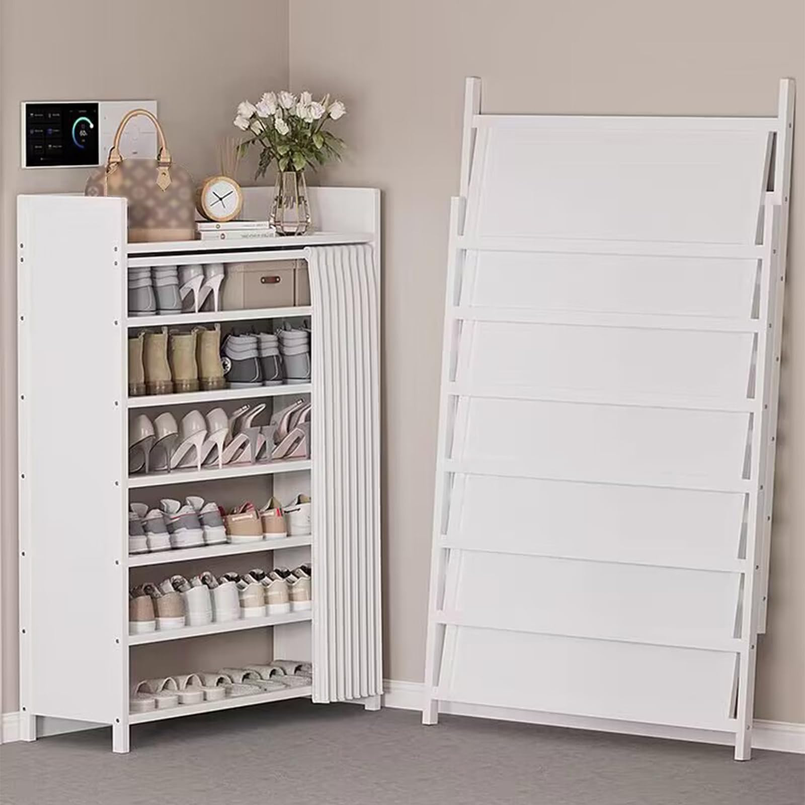 Schuhregal aus Bambus mit 7 Ebenen, Schuhaufbewahrung für den Eingangsbereich, stapelbares Schuhregal, Schuhschränke, stabiles Schuhregal, platzsparend, hohe Kapazität (80 x 29 x 116 cm, weißer Stoff