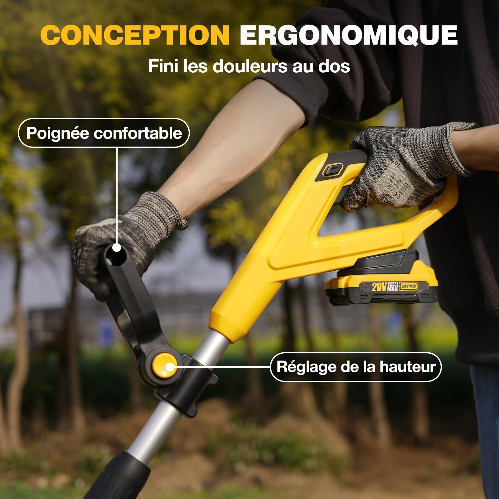 Alloyman Motobineuse sans Fil 20V Max, 360 TR/Min, Motoculteur Électrique avec 2 x 2,0 Ah Batteries et Chargeur, Largeur de Travail 23 cm, Profondeur 17 cm, pour Pelouse/Jardin/Travaux du Sol