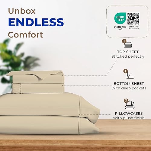 Miniatura 3 de THREAD SPREAD Juego de sábanas 100% de algodón egipcio, tamaño King, 4 piezas, 600 hilos, algodón egipcio (arena), suave, refrescante, bolsillo