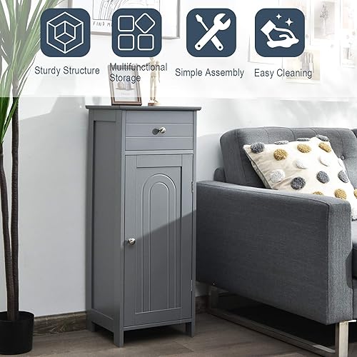 Miniatura 8 de Tangkula Armario de suelo de baño, armario de almacenamiento lateral de madera, armario de baño independiente de una sola puerta con cajón grande y