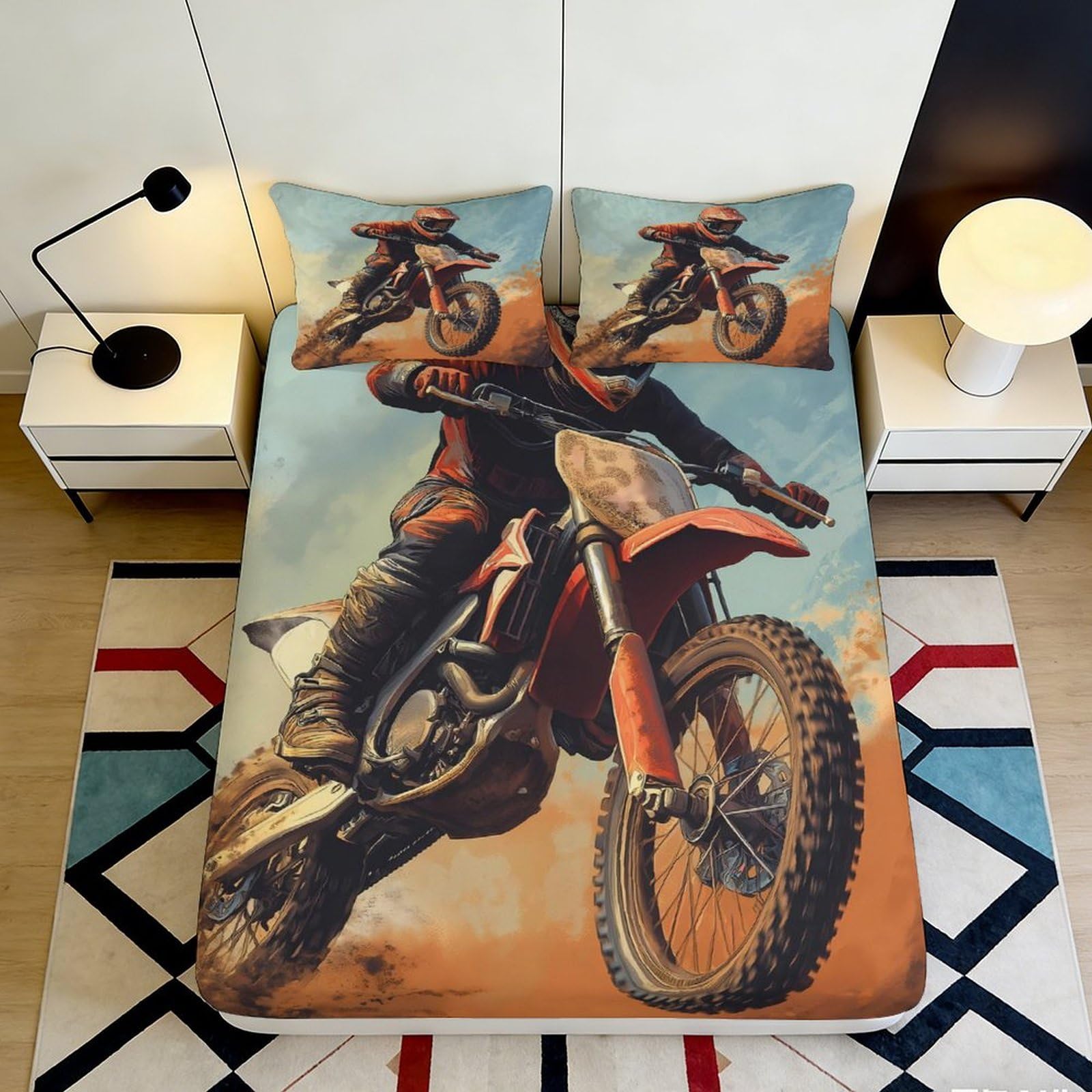 Pnayamiorkfel Style-1 3D Printed Motocross Racing Fitted Sheet Microfiber Orange Dirt Bike Bed Cover For Bedroom Dorm Mattress Protection 90X200x25cm