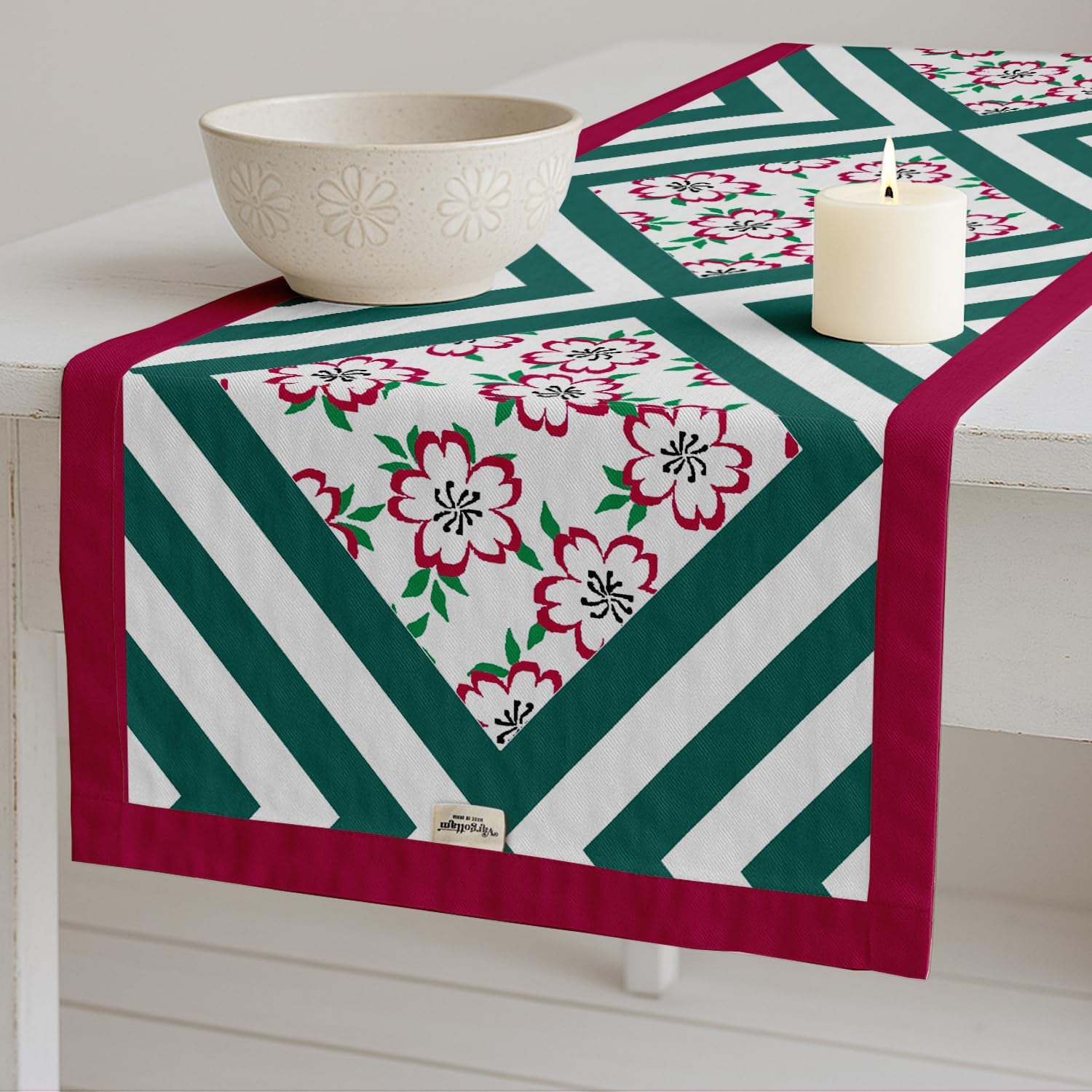 Geometric Pattern Cotton Table Runner by Vargottam - Double Layer with Border - Washable Runner - Decorative Table Linen for Dining & Everyday Use