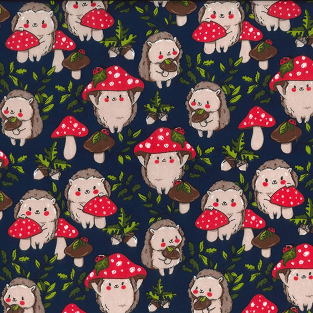 Oh Sew Crafty Limited Navy Polycotton Fabric Hedgehog Mushrooms Toadstool Cottagecore Fairytale Forest (Sold Per Metre) (Navy)