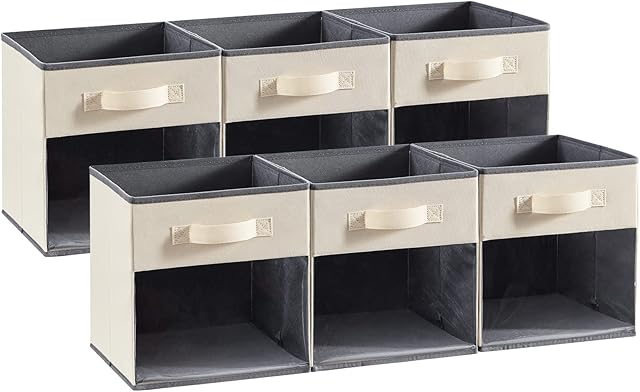 Lifewit Cube Storage Boxes Set of 6, Fabric Storage Box with a Clear Window and Handles, Foldable Storage Cubes Clothes Organiser for Wardrobe, Closet, Shelves, Medium, Beige