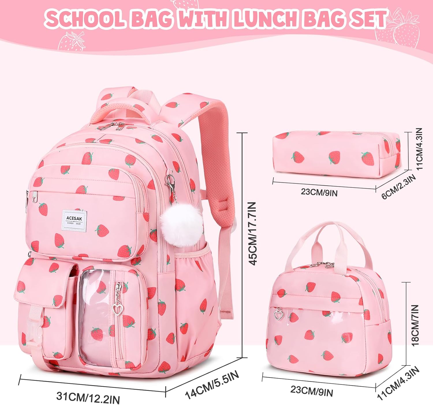 Backpack for Girls - Girls Backpack with Lunch Bag & Pencil Pouch for Teen Kids Laptop Backpack for Women, Elementary Middle High School Bookbag Travel Daypack (Pink Strawberry) - Image 2
