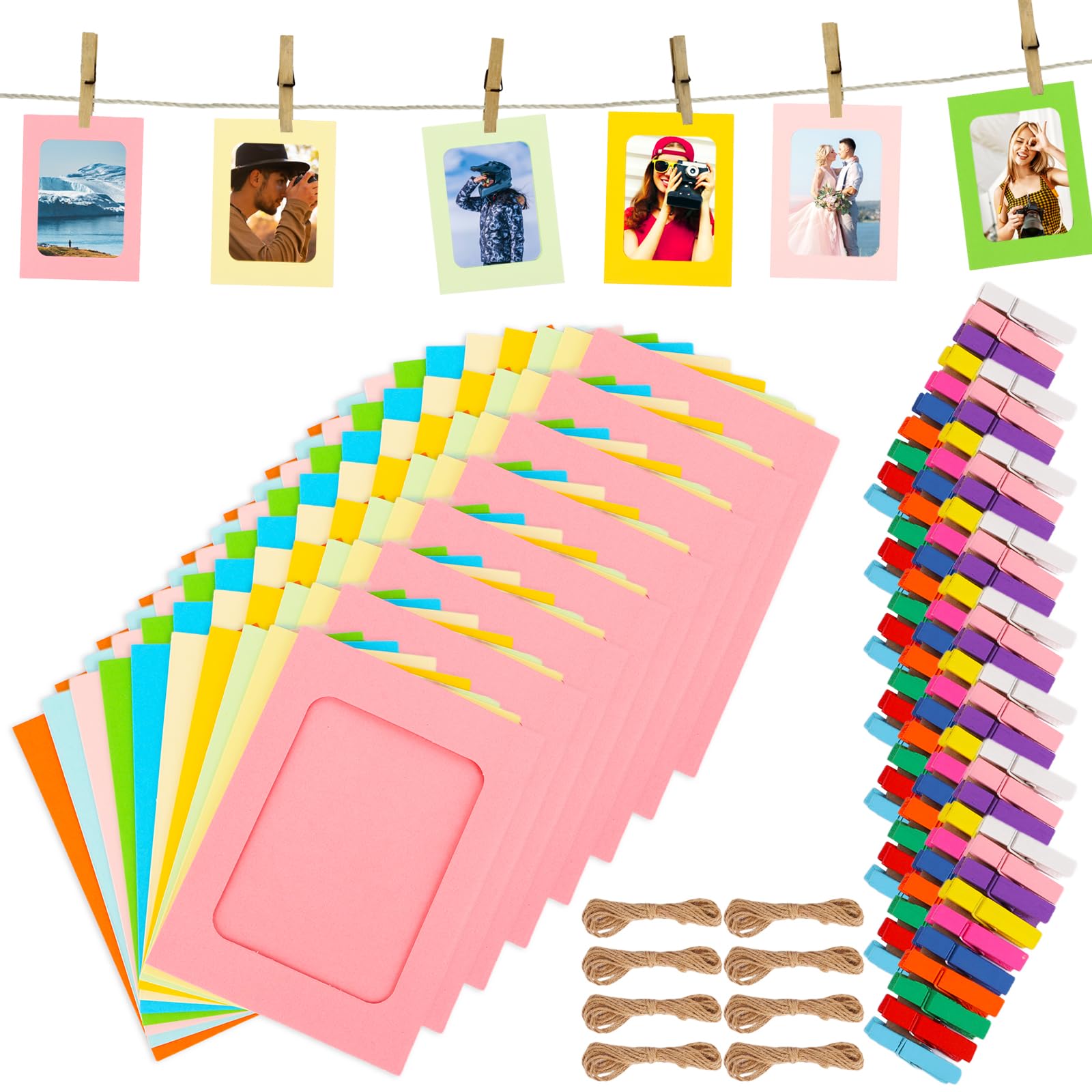 WOPPLXY - Lot De 80 Cadres Photos En Carton Colorés Avec Pinces Et Cordes - Déco Murale Facile