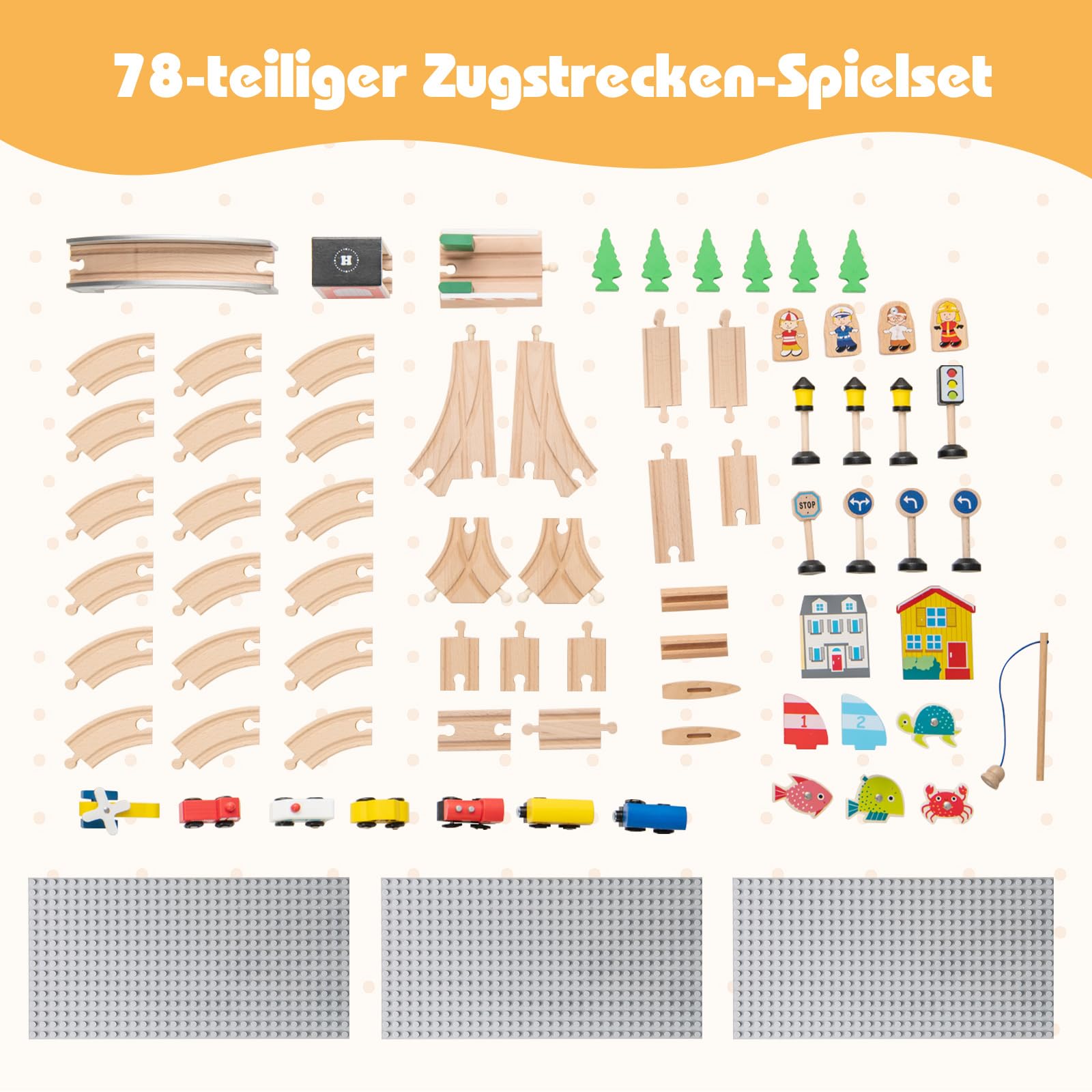 COSTWAY 78-teiliges Kinder Eisenbahn Set, 5-in-1 Holzeisenbahntisch mit umkehrbarer Tischplatte & Tafel, Spieltisch für Kinder ab 3 Jahre