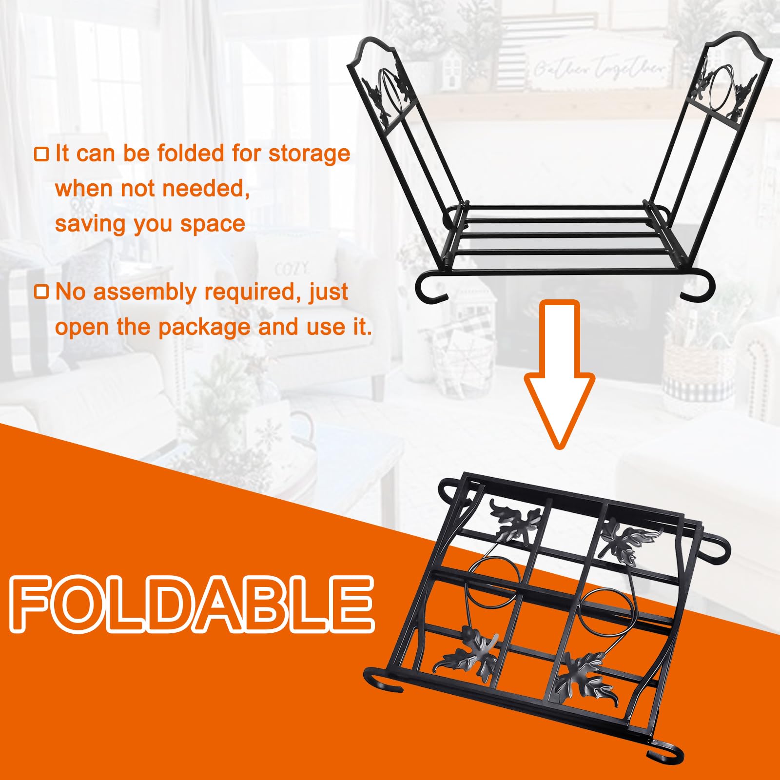 Skypatio Firewood Rack Indoor, Foldable Firewood Holder Outdoor Rustproof Wrought Iron Fireplace Log Holder, Firewood Storage Rack for Fireplace/Fire Pit, Black