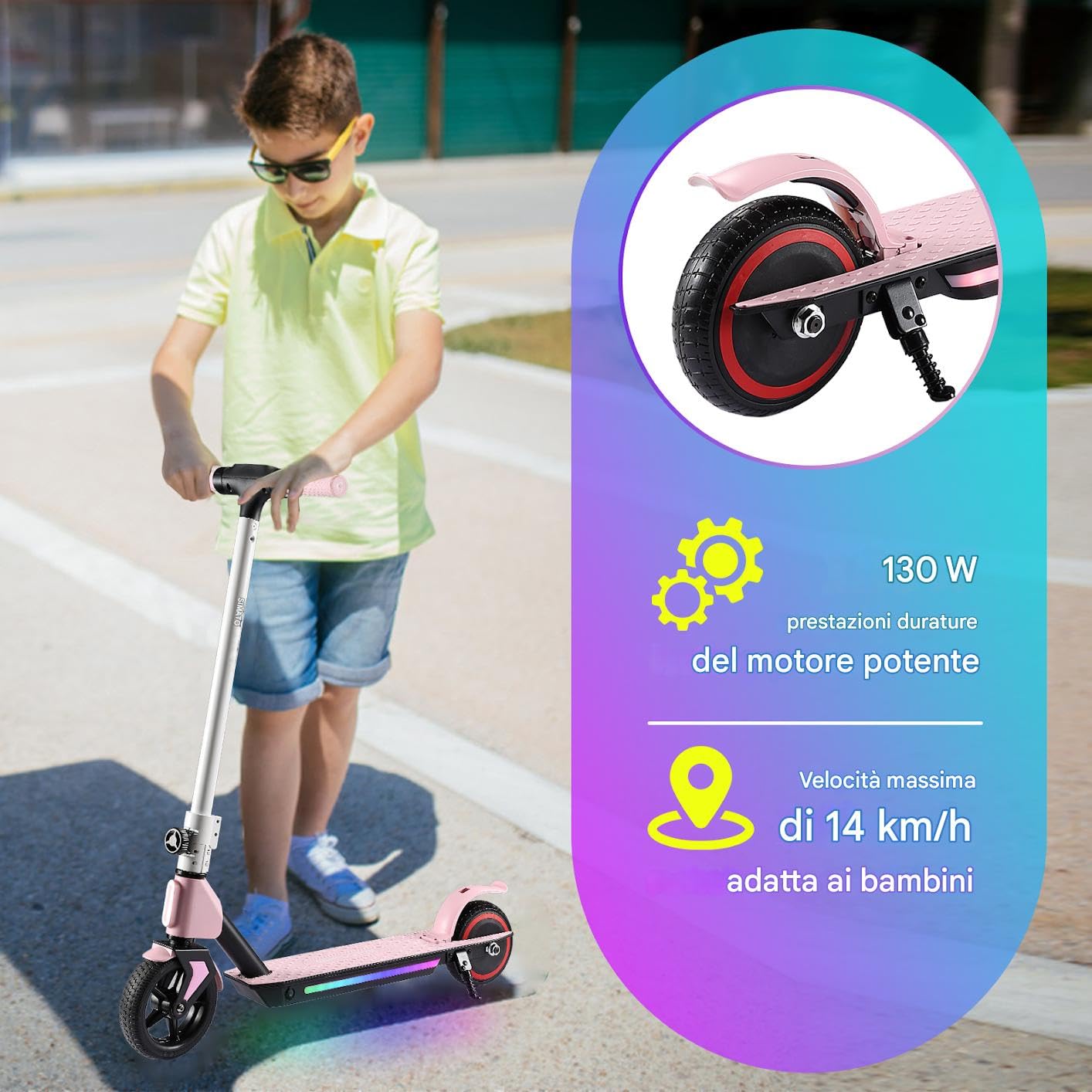 Scooter Elettrico per Bambini 6-12 Anni • Max 14km/h • 3 Velocità Regolabili • Autonomia di 5-8 km • Pieghievole • Luci Rainbow • Display a LCD • Monopattino Elettrico Bambini
