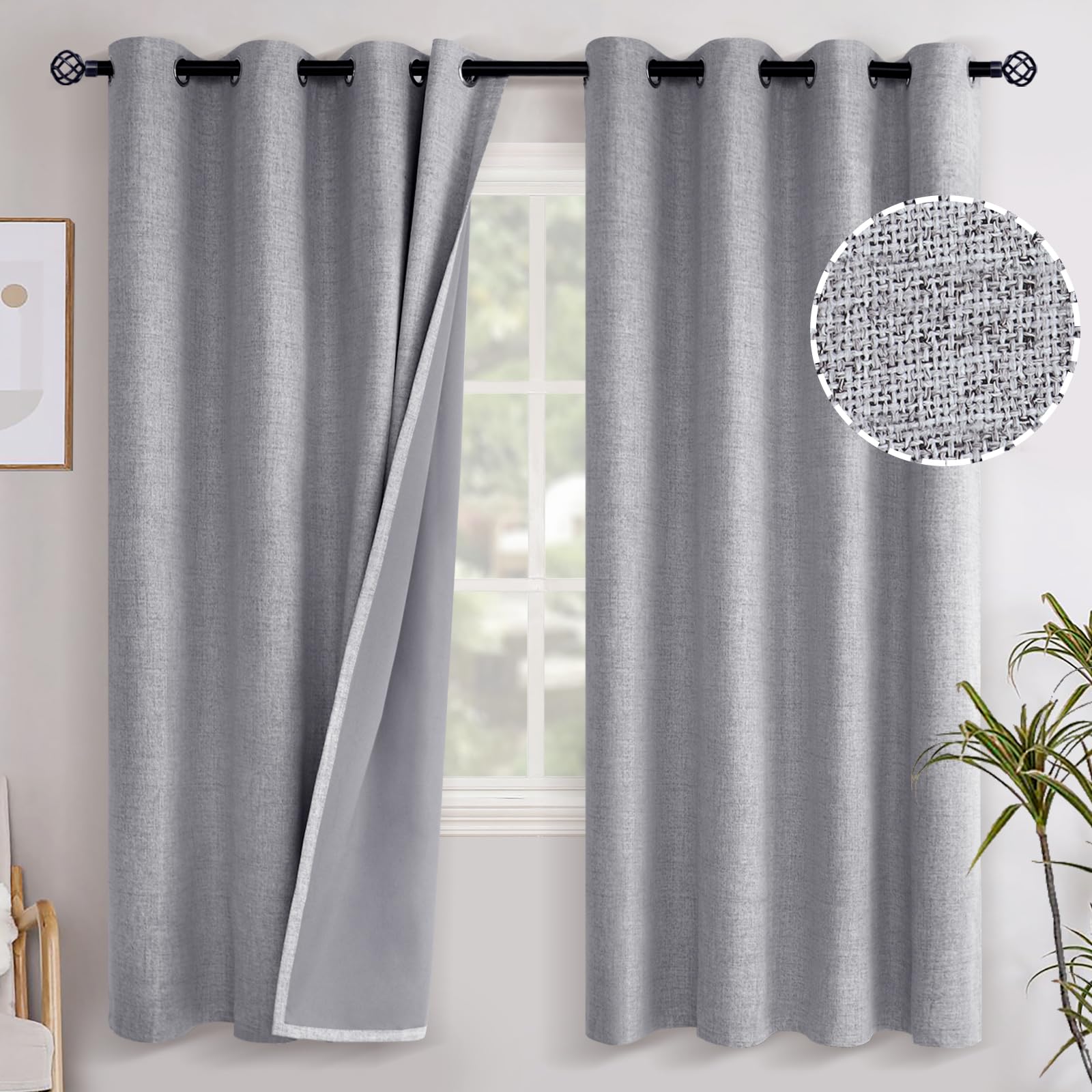 Photo 1 of YoungsTex Grey Linen Blackout Curtains 72 Inches Length for Bedroom, Grommet Heat and Full Light Blocking Insulated Textured Window Drapes for Living Room, 2 Panels, 52 X 72 Inch