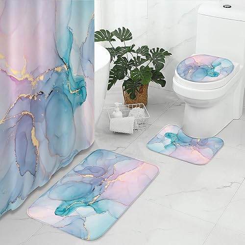 Miniatura 14 de Gibelle Juego de 4 cortinas de ducha de baño con alfombras antideslizantes, cubierta para tapa de inodoro y tapete de baño, juego de decoración