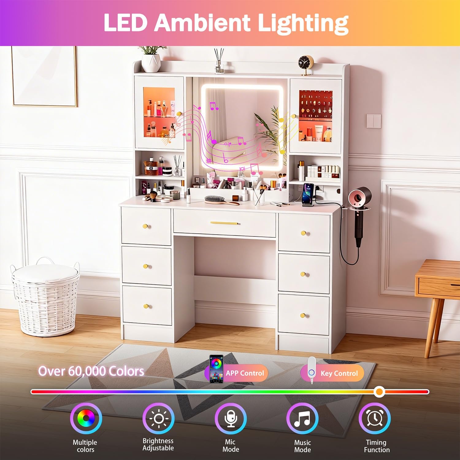Makeup Vanity Desk with Mirror and Lights - White Large Vanity Desk with Drawers & Jewelry Cabinet,Vanity Table with Charging Station, Make up Vanity with Lights, Dressing Table for Bedroom Women