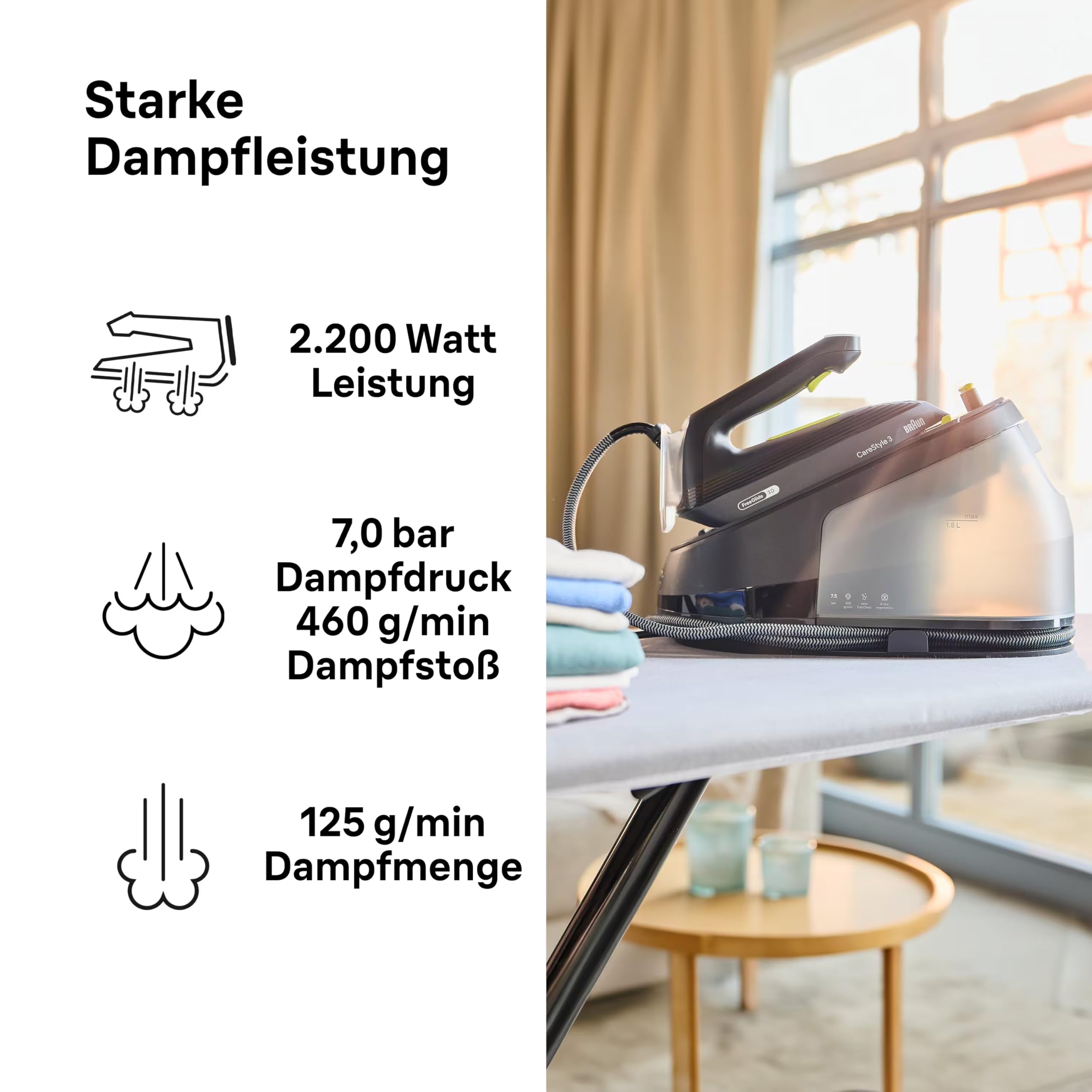 Braun CareStyle 3 IS3257BK, Dampfbügelstation Mit FreeGlide 3D Technologie, 125 g/min Dampf, Schnelles Aufheizen, iCare Modus, Vertikales Bügeln, Abnehmbarer 1,8L Tank, 2200W, Schwarz
