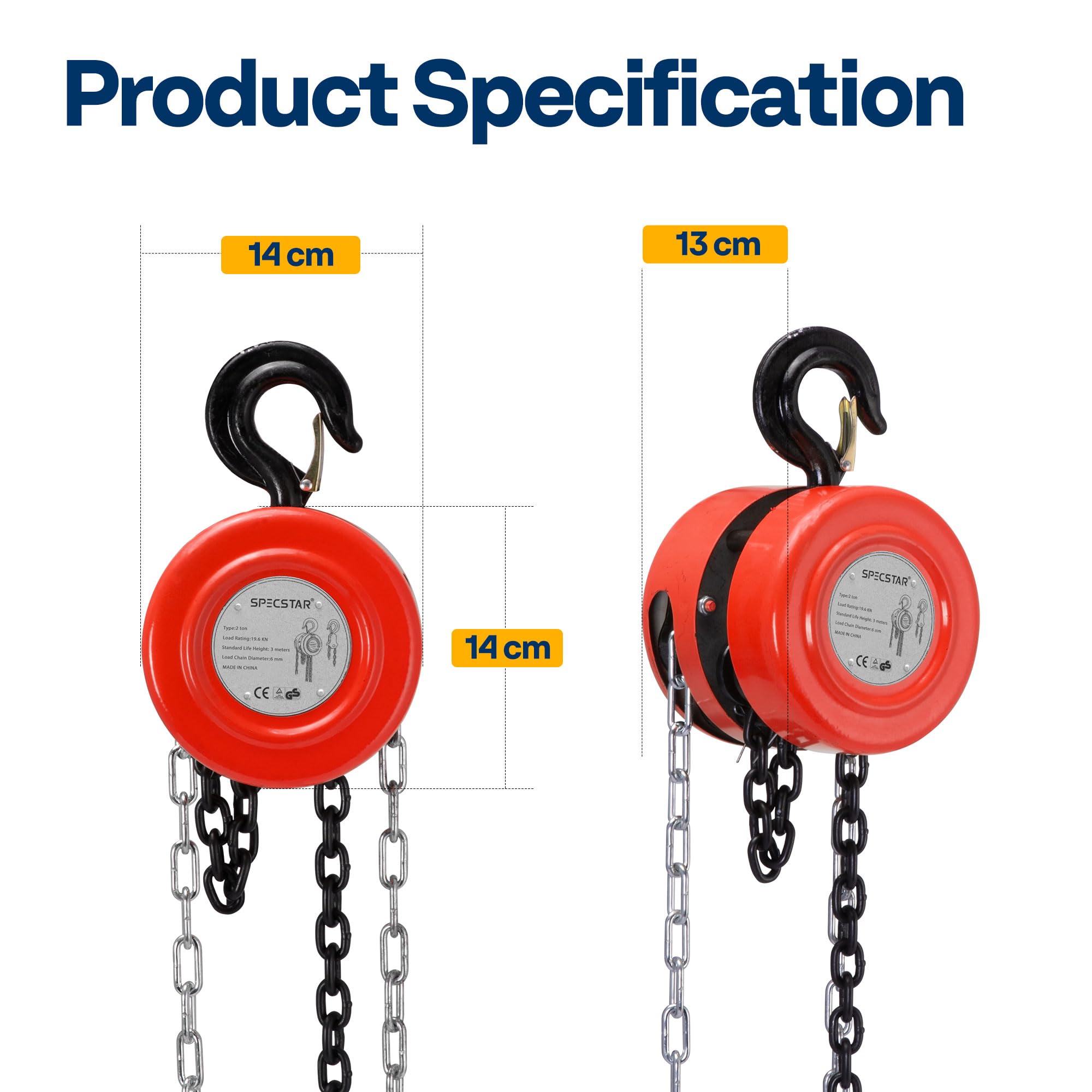 SPECSTAR Hand Chain Hoist with 2 Heavy Duty Hooks Ręczny Wciągnik łańcuchowy Udźwig 2000 kg Wciągarka o Wysokości Podnoszenia 3 m, Wciągarka Ręczna z Hakiem Obrotowym o 360°