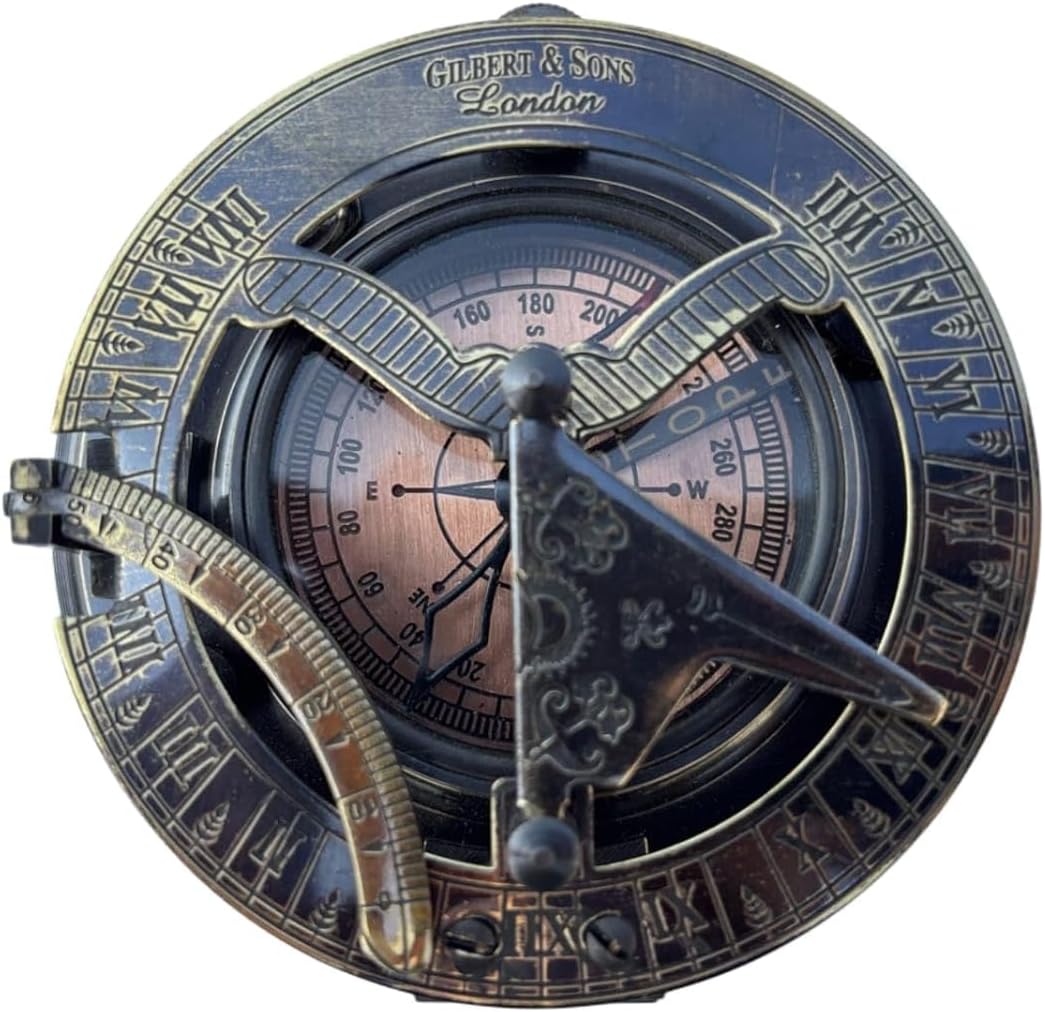 Antique Brass Sundial Compass – Vintage Nautical Navigation Instrument with Roman Numerals, Gilbert & Sons London Style.