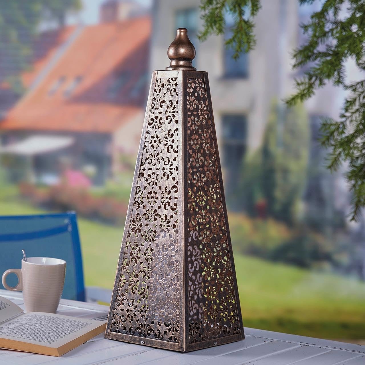 Battery Powered Moroccan Style Pyramid Lantern Lamp – 8 Lumen Weatherproof Bronze Effect Freestanding Indoor Outdoor Home Garden LED Light for Table, Patio, Deck, Pathway, Balcony, Yard – H45 x 15cm
