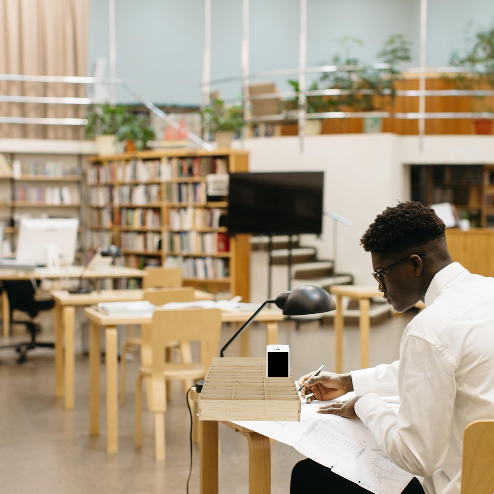 Cabilock 30-Grid Wooden Cell Phone Holder Desktop Organizer Multifunctional Storage Box for Classroom Office (Khaki)