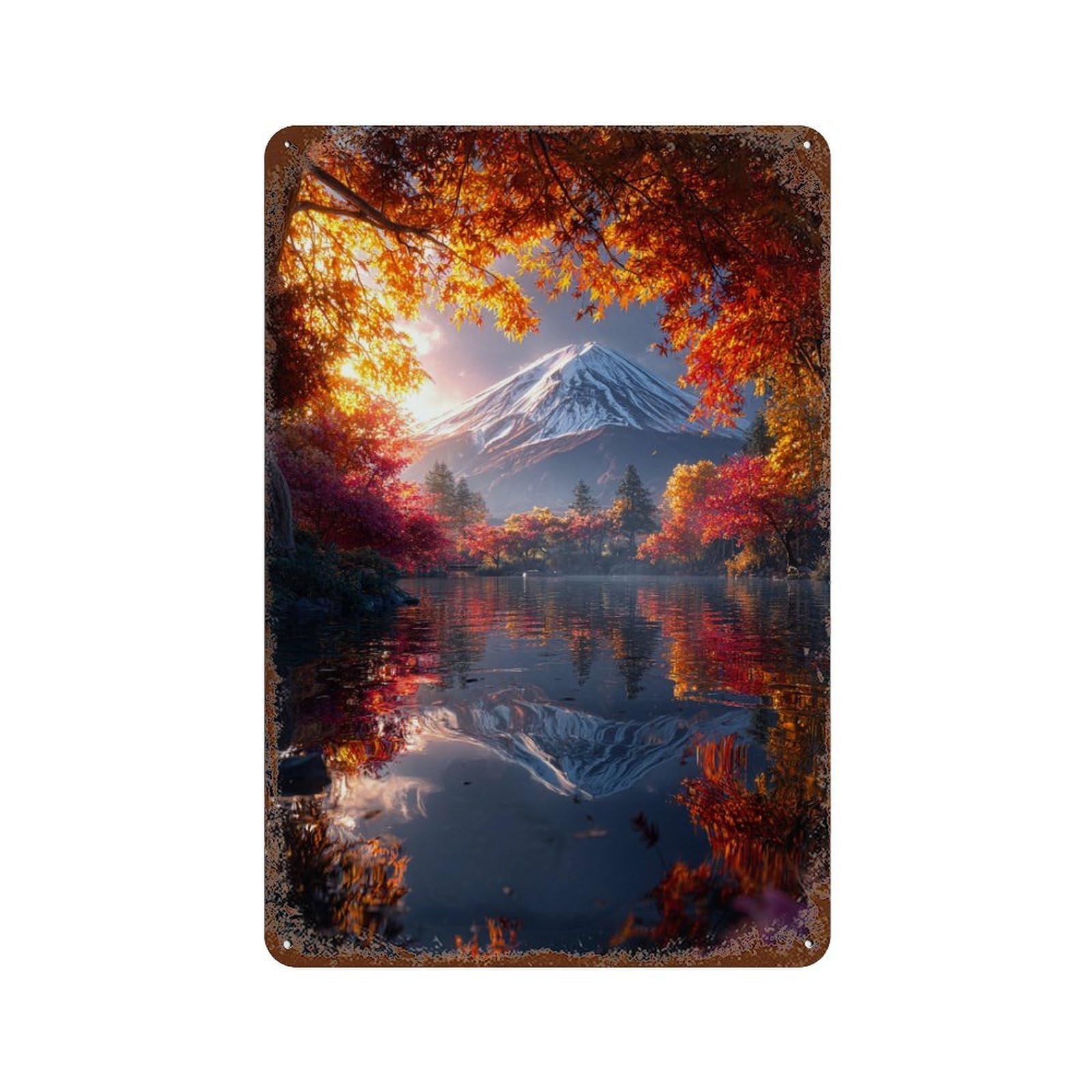 Decorative Tin Sign with Autumnal Reflections of Mount Fuji Design 11.8"x7.9", for Basement, Hobby Room And Garage Decor, Rustic Home Decor