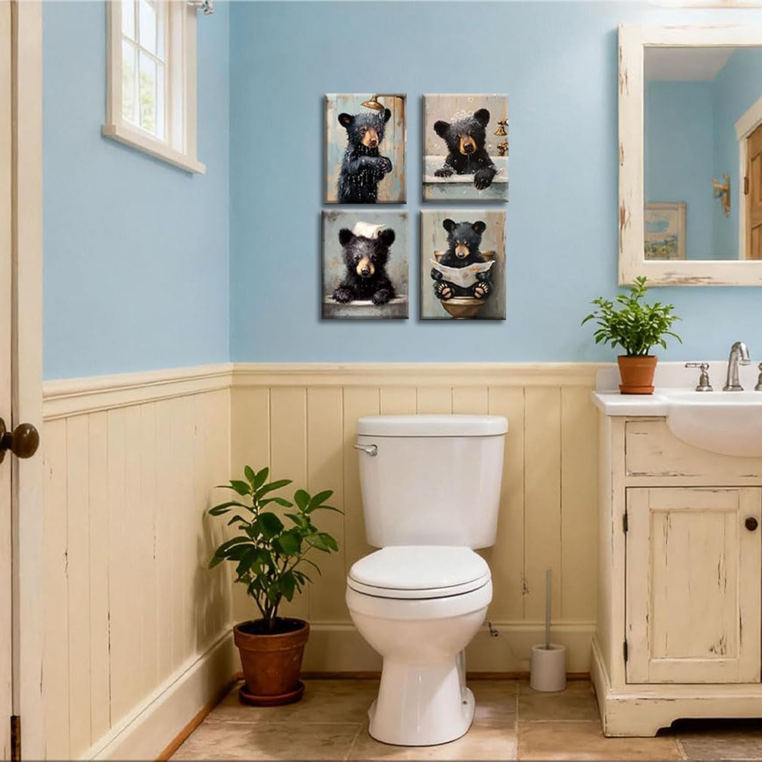 Frimeeme Framed Funny Bear Bathroom Canvas Wall Art, Bear Canvas Prints, Funny Animal Poster Set 4, 8x10 Inches