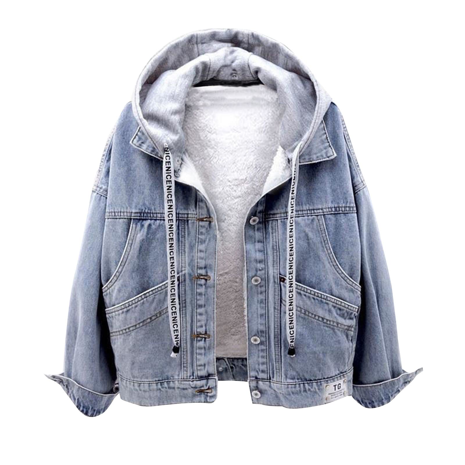 Winter Womens Faux Fur Collar Sherpa Fleece Lined Distressed Denim