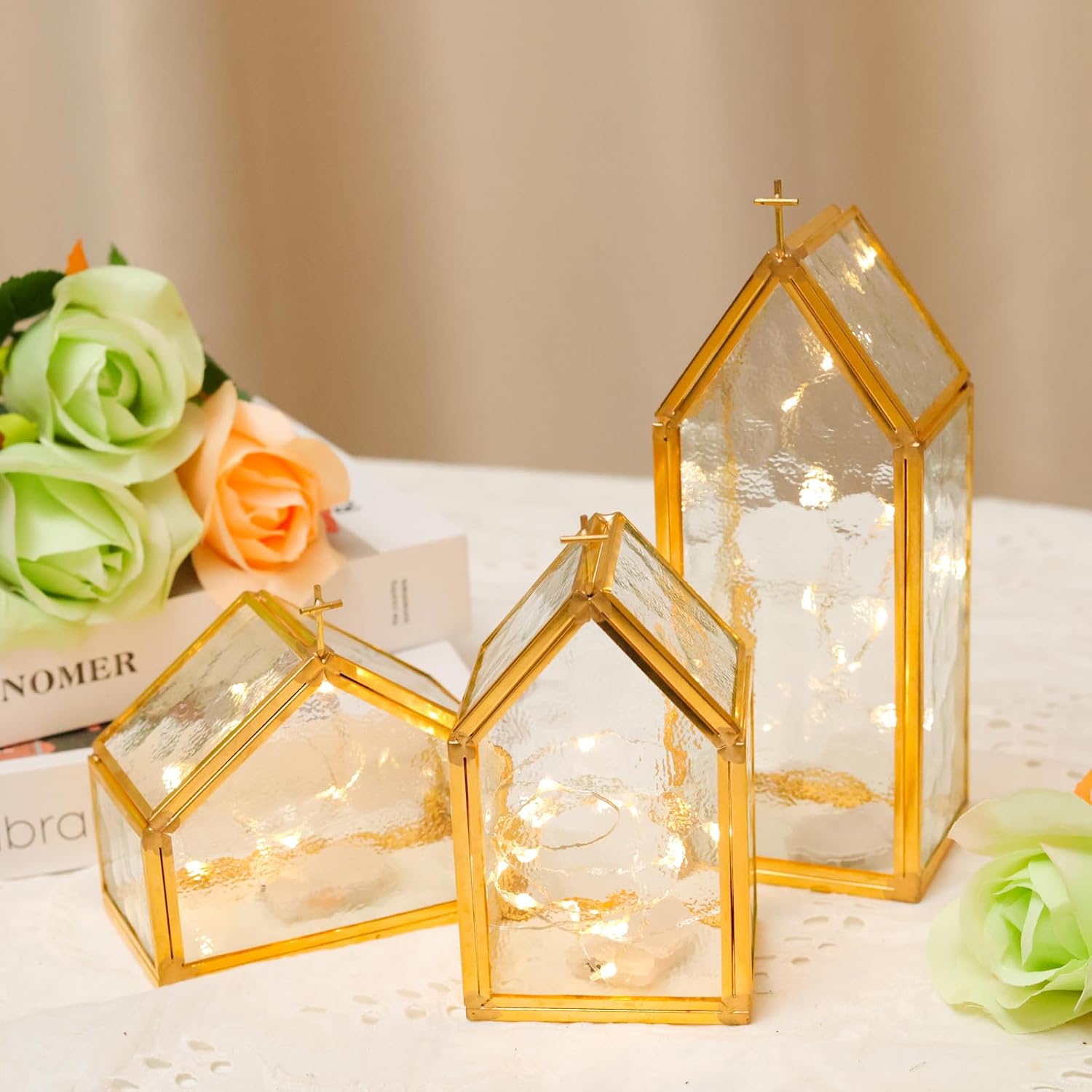 Glass Candle Holder Set of 3, Gold Metal House-Shaped Candle Holders with Textured Glass for Wedding Decor, Elegant Table Centerpieces & Home Accents, Housewarming Gifts for New Home