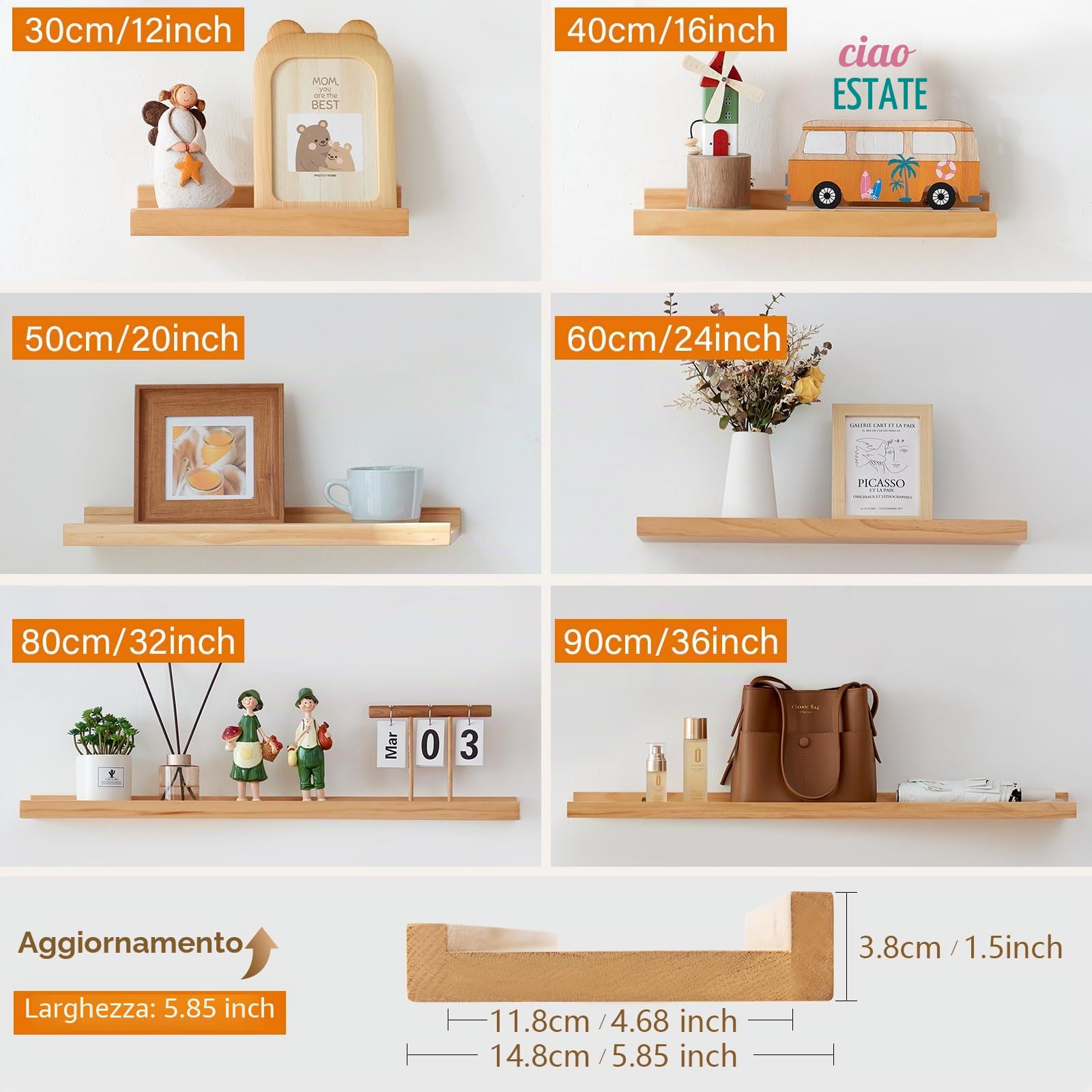 30cm Mensola da Muro in Pino Legno, Set di 2 Mensola da Parete per Foto Decorazioni, Mensole Sospesa in Rovere Massiccio per Casa, Ufficio, Camera da Letto, Soggiorno, Cucina (60 x 15 cm)