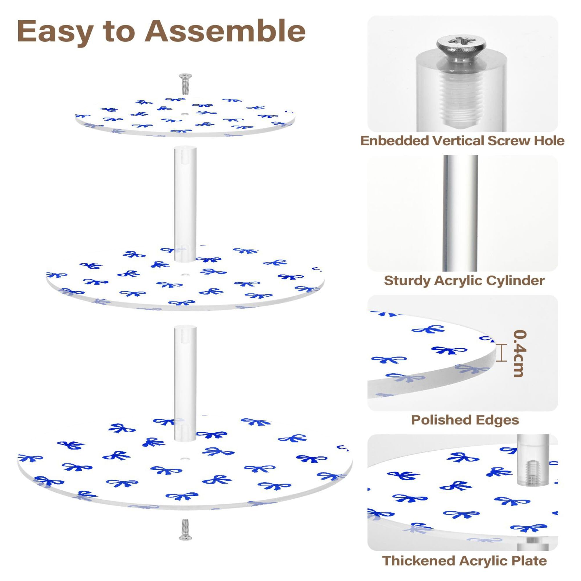 PYBUG Bows 3 Tier Acrylic Cupcake Stands Tower,Dessert Table Display Set for Tea Party,Wedding,Birthday, Baby Shower