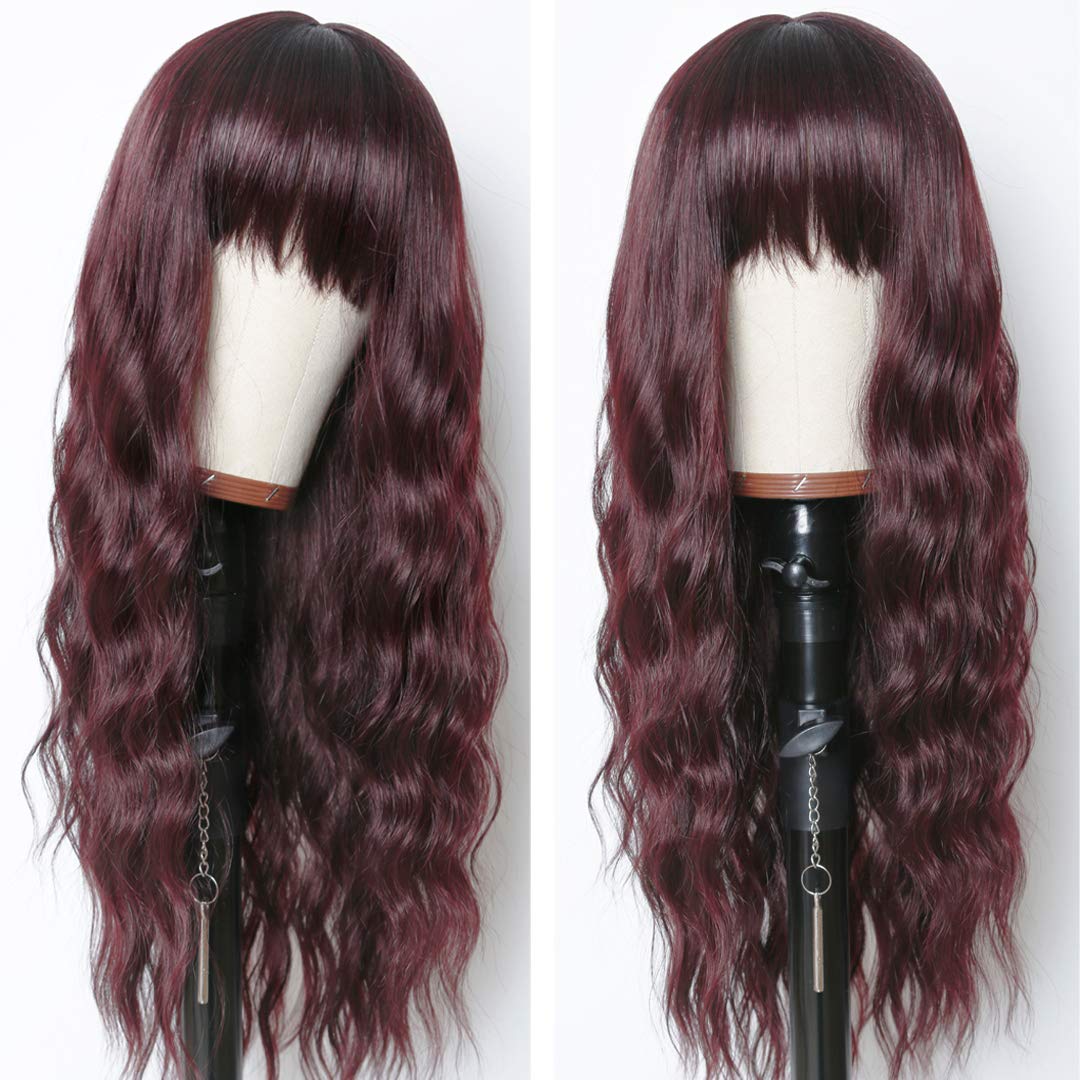 EVLYNN Long Wavy Red 99j Wig with Bangs Long Loose Curly Red Wigs for Women Heat Resistant Synthetic Wig Ombre Burgundy Wig with Bangs for Daily 26 Inches