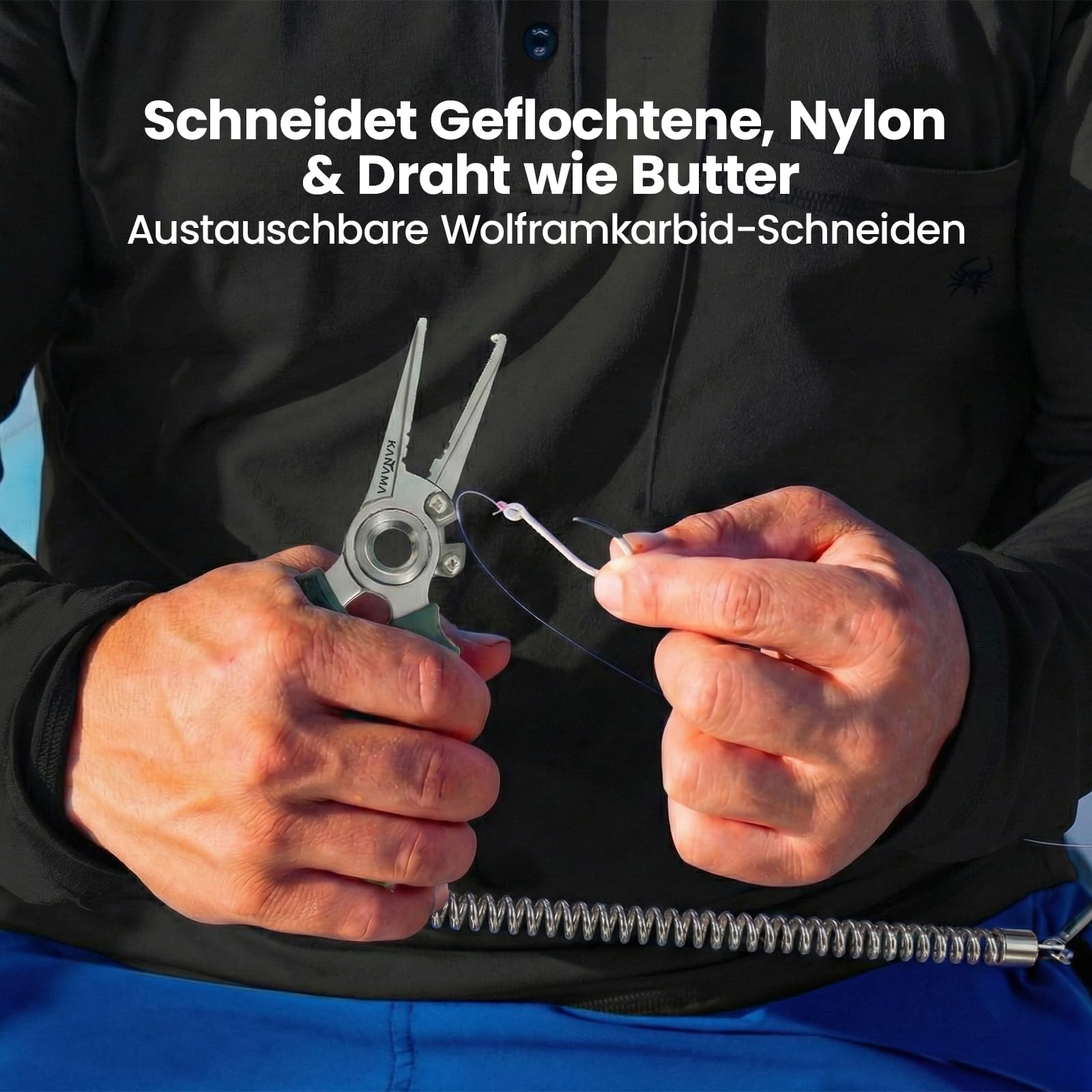 KANAMA Angelzange aus 17-4 Edelstahl, 19 cm Rostfreie Salzwasser Angelzange mit Sprengringöffner, Hakenlöser und Wolframkarbid Schnurschneider für Geflochtene Schnüre, Angler Geschenke für Männer