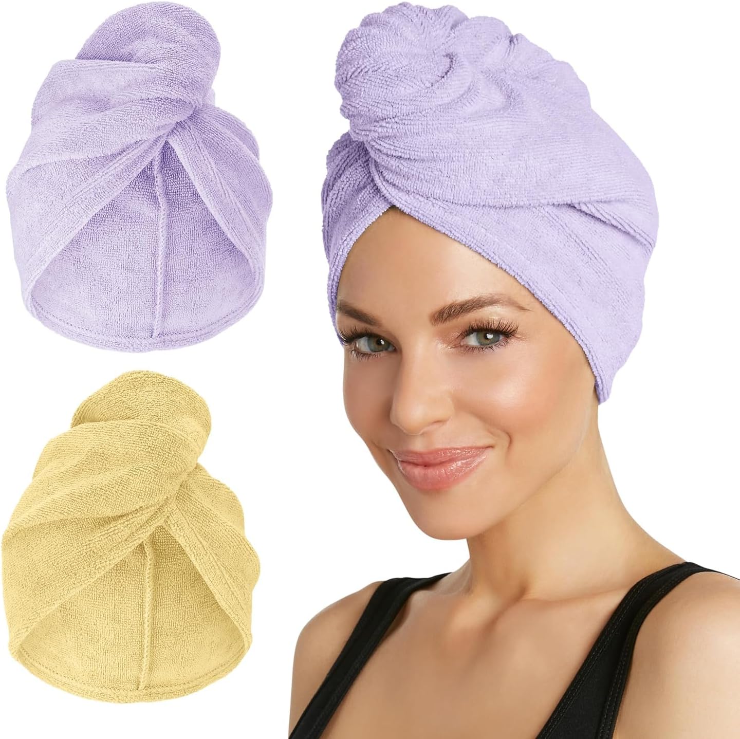 Turbie Twist 2-Pack Microfiber Hair Towel for Beauty, Travel, Gifting - Hair Wrap Turban for Straight, Wavy & Curly Hair - Premium Personal Care - Lilac & Lemon