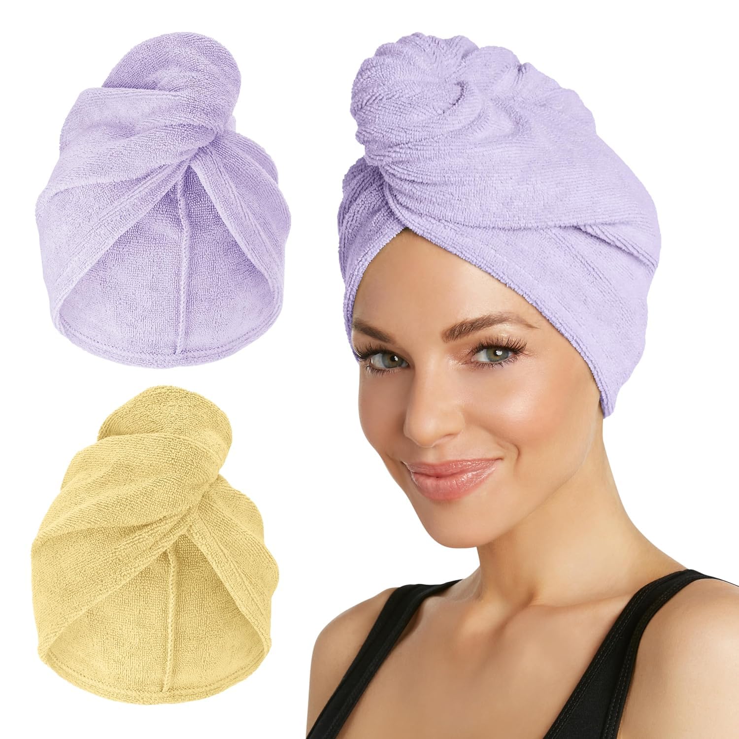 Turbie Twist 2-Pack Microfiber Hair Towel for Beauty, Travel, Gifting - Hair Wrap Turban for Straight, Wavy & Curly Hair - Premium Personal Care - Lilac & Lemon