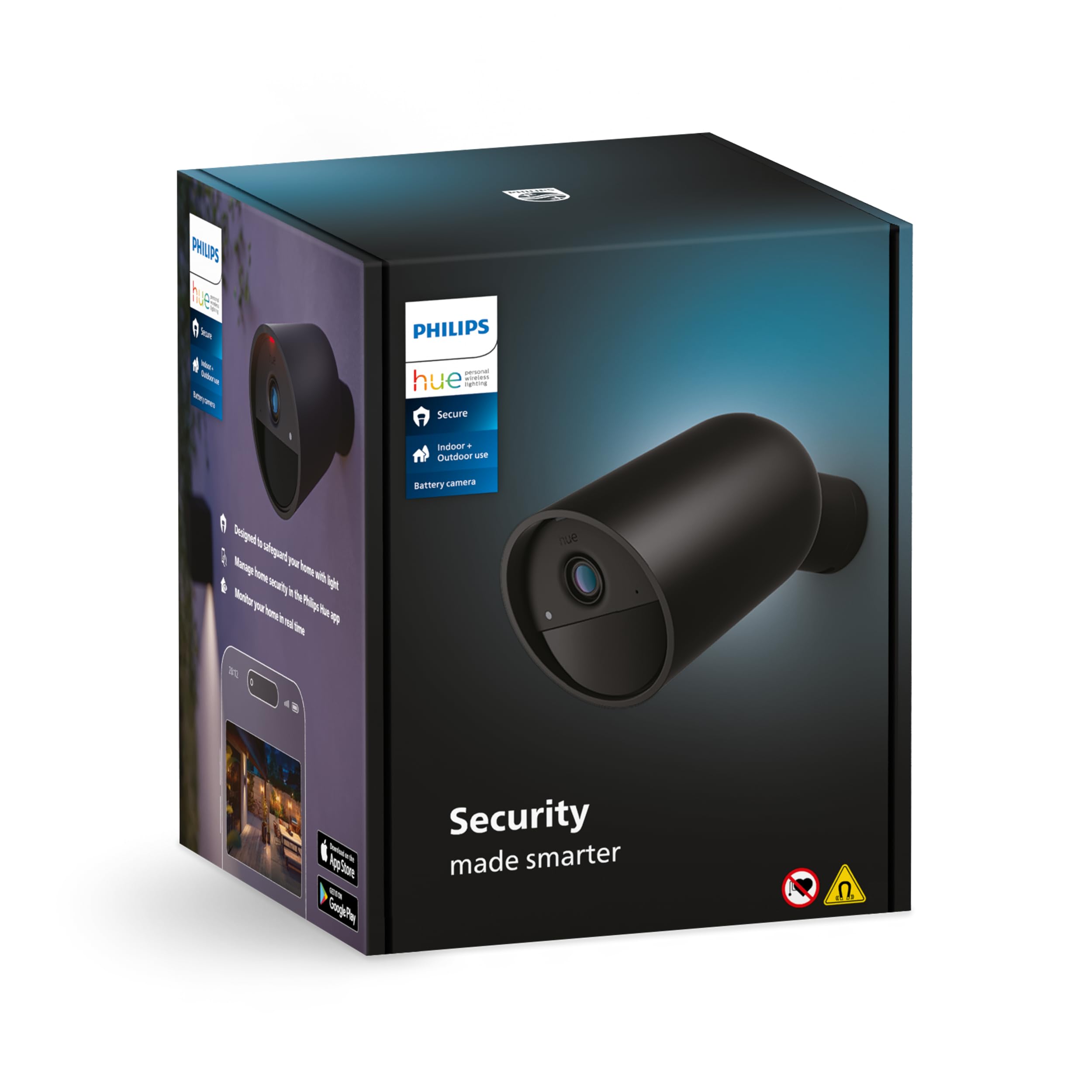 Philips Hue Secure - Cámara de seguridad inteligente para el hogar de 1080p, funciona con pilas, interior o exterior, fácil de instalar, conversación bidireccional, funciona con centro de seguridad en