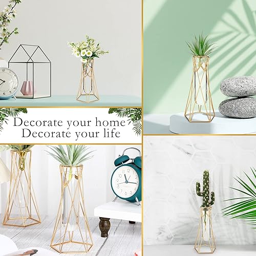 Miniatura 7 de Jarrón geométrico dorado de 4 piezas para centros de mesa, soporte de flores de metal con cilindro de vidrio, florero hidropónico para plantas para