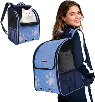 Cat Backpack Carrier, Ventilated Cat Backpack with Reflective Strips, Foldable Cat Carrying Backpack for Kitty Small Dog up to 15lbs Blue