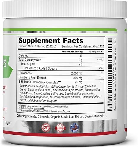 Miniatura 6 de Zazzee D-Mannose Powder Plus, 2000 mg, 120 porciones, potente y de acción rápida, más 5 mil millones de probióticos CFU y extracto de jugo de