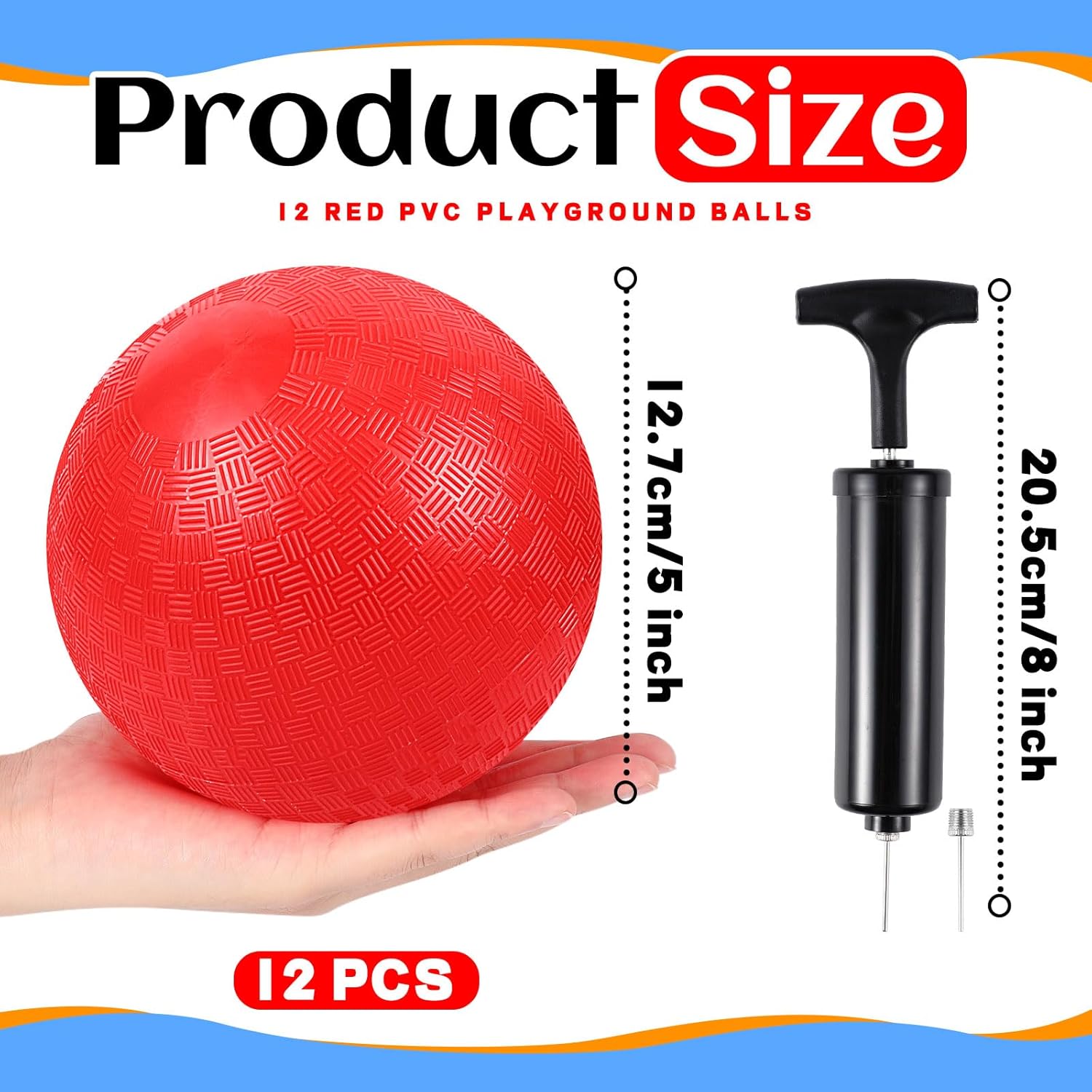 Hiboom Playground Balls 5 Inch Dodgeball Playground Balls Kick Outdoor Inflatable with 1 Pcs Hand Pump for Adults Yoga Exercise Gym Schoolyard (Red,12 Pcs)