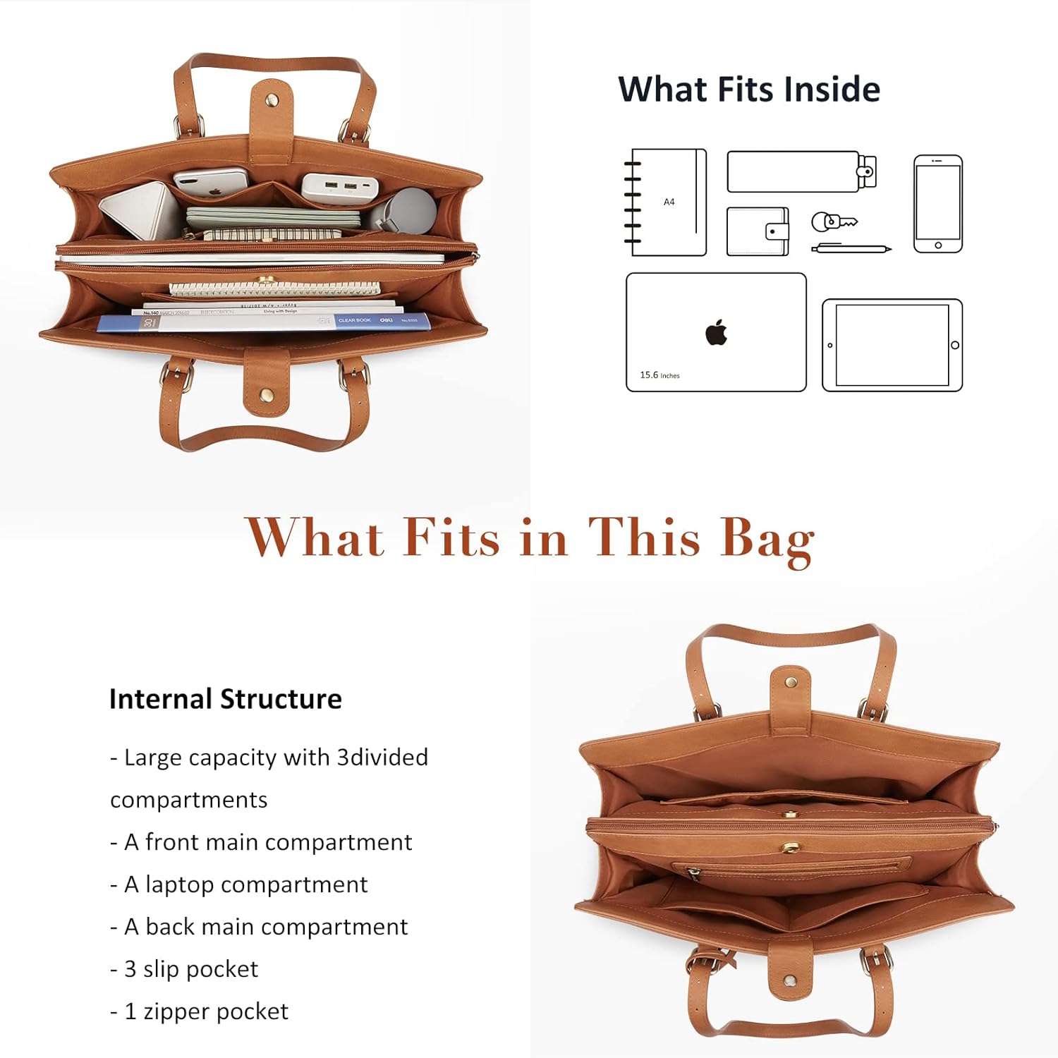 ECOSUSI Laptop Bag For Women 15.6 Inch Work Tote Bags PU Leather Computer Purse For Business Office With 3 Layer Compartments - Image 3