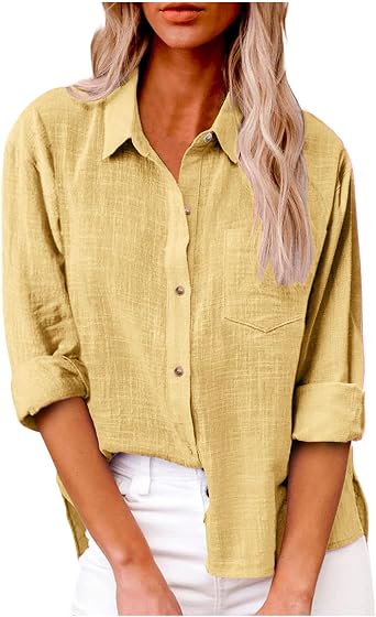 Long Sleeve Button Down Shirts for Women Plus Size Cotton Linen Business Casual Tops Fall Fashion Blouses 2023