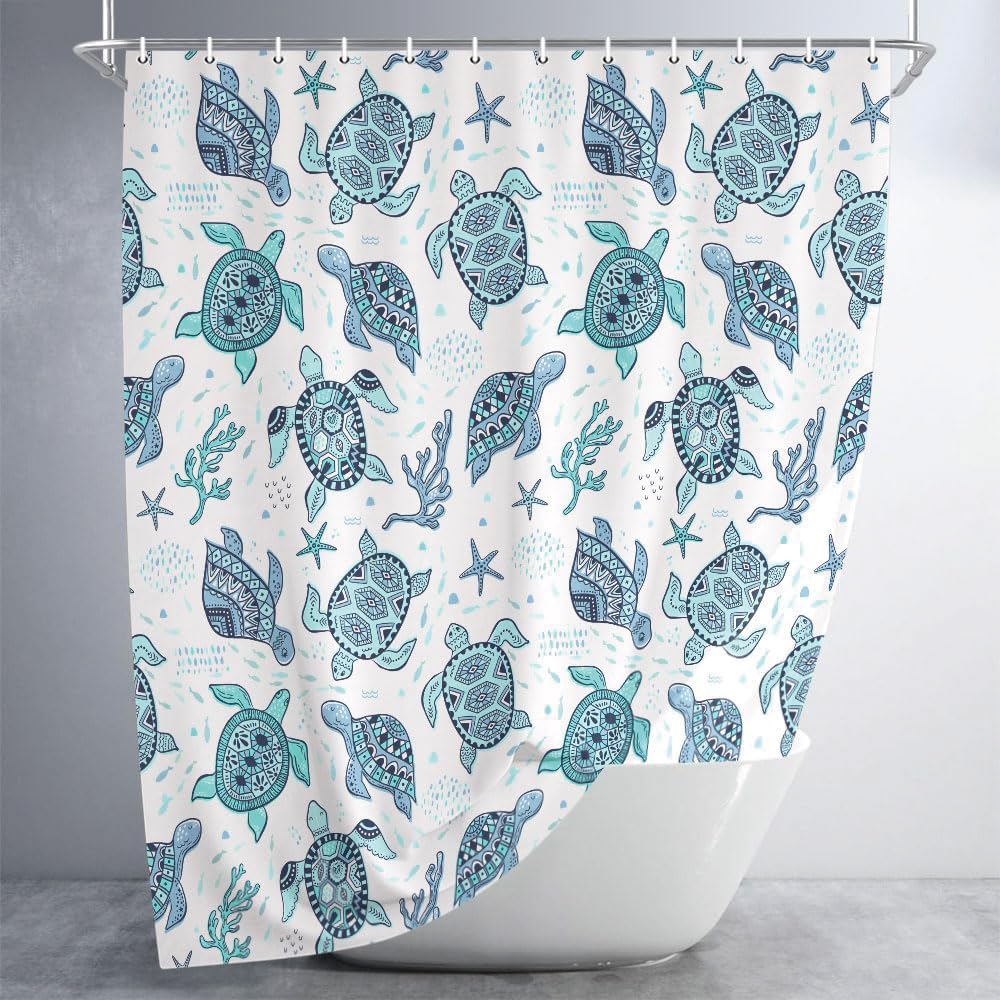 Wathon Sea Turtle Shower Curtain Blue Teal Ocean Nautical Bath Curtain Fish Underwater Animal Seashell Coastal Theme Bathroom Decor Set Hooks Included