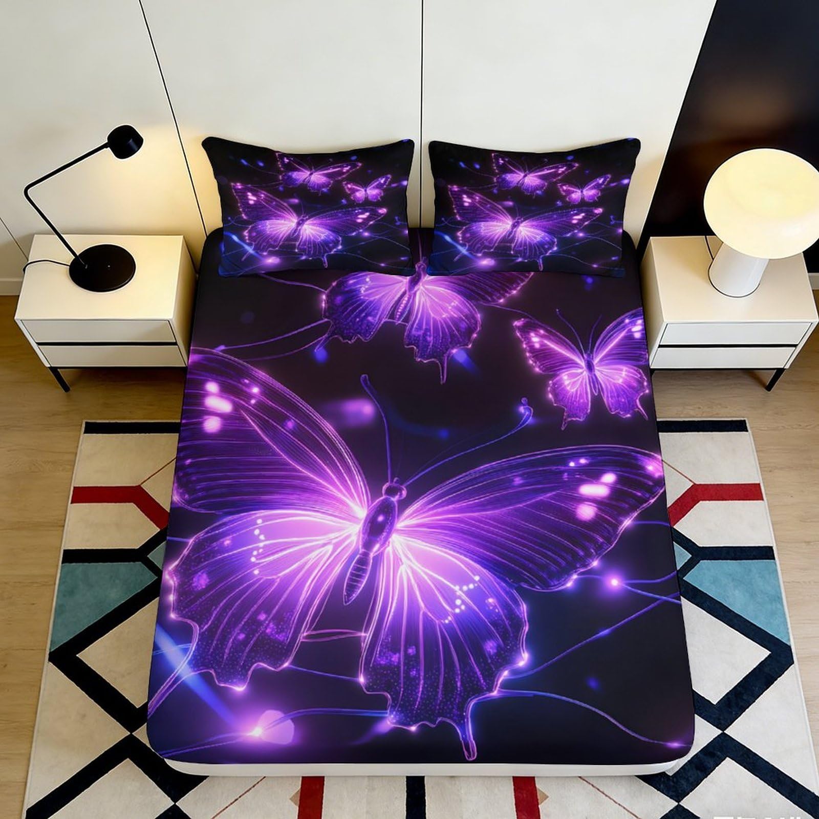 3D Printed Purple Butterfly Fitted Sheet Microfiber Soft Anti-Slip Luminous Insect Bed Cover for Bedroom Dorm Mattress Decor 180x200x25cm