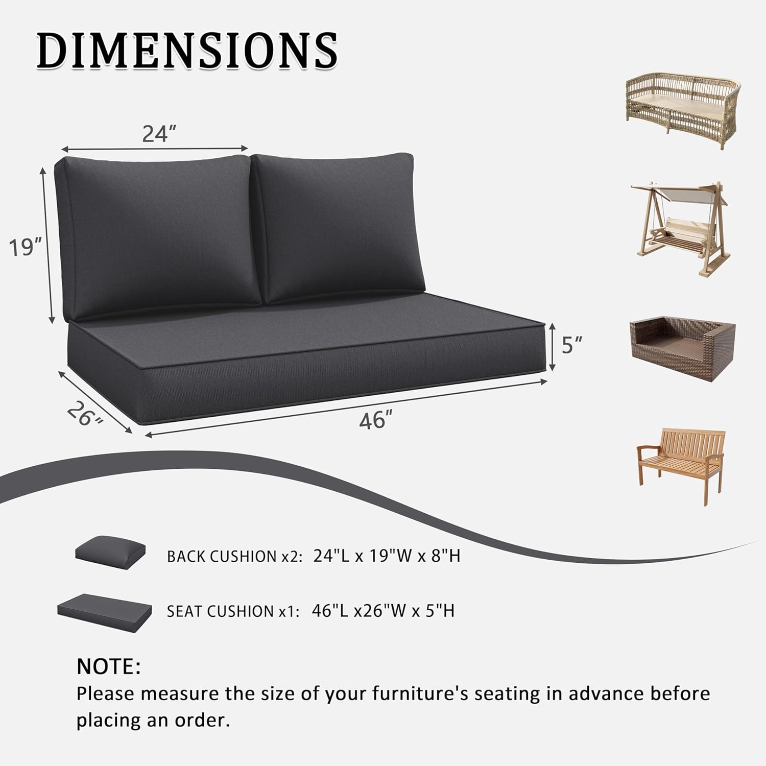 Outdoor Loveseat Cushion Set 46 X 26 Inch Water Repellent & Fadeness Patio Furniture Cushions,Removable Outdoor Couch Cushions with Hidden Zipper & Adjustment Staps for Couch, Bench, and Swing