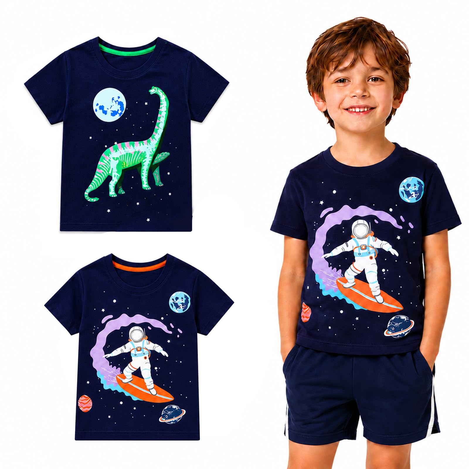 EmaoFun Dziecięcy T-shirt dla chłopców, zestaw 2 sztuk, świecąca w ciemności, bawełniana koszulka z motywem dinozaura i kosmicznego astronauty, dla dzieci w wieku 3-7 lat