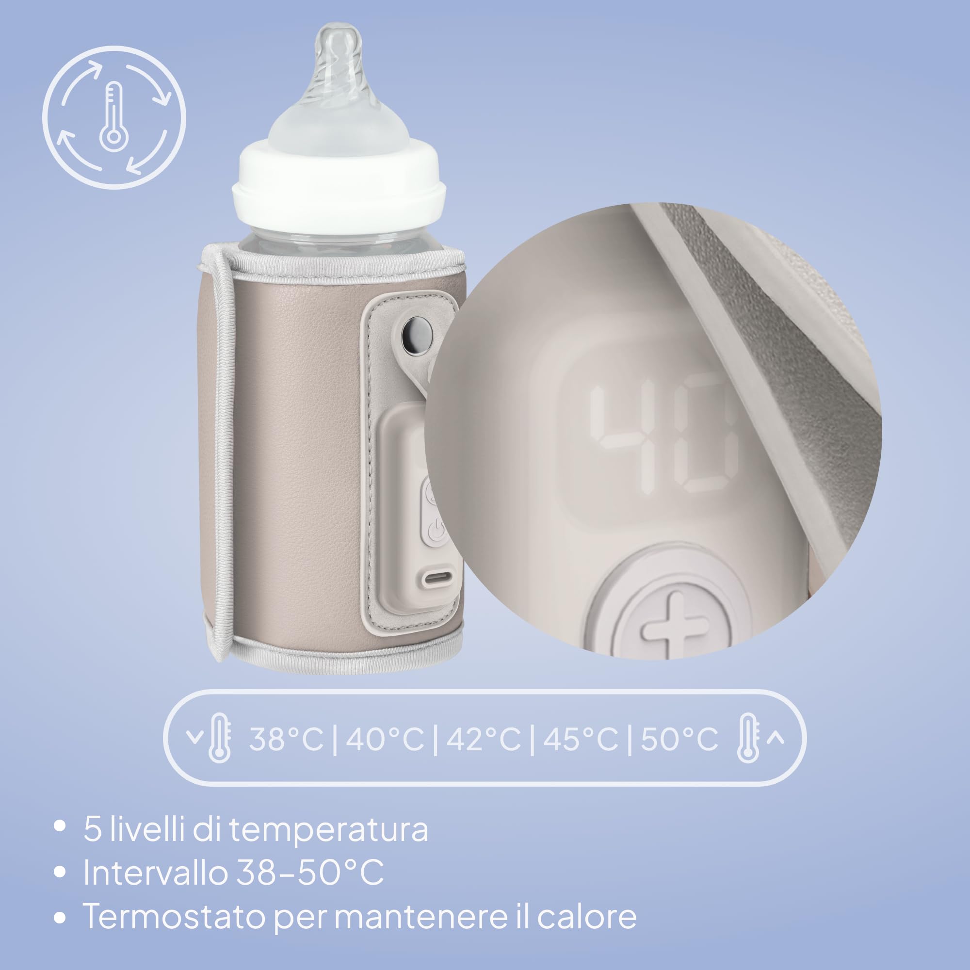 LIONELO Thermup Go Scaldabiberon portatile per mantenere la temperatura, Alimentato tramite il cavo USB Mantenere temperatura di latte e pappe neonato, Scaldabiberon auto, Senza BPA Piccolo e leggero