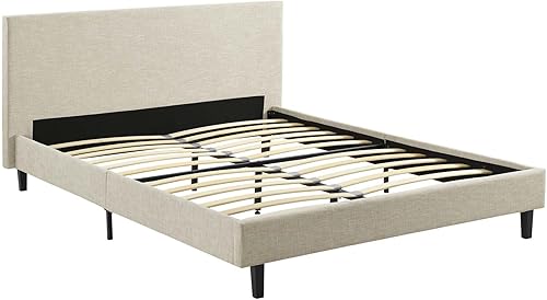 Miniatura 4 de Modway Anya - Cama de plataforma tapizada beige con soporte de listones de madera, tamaño Queen