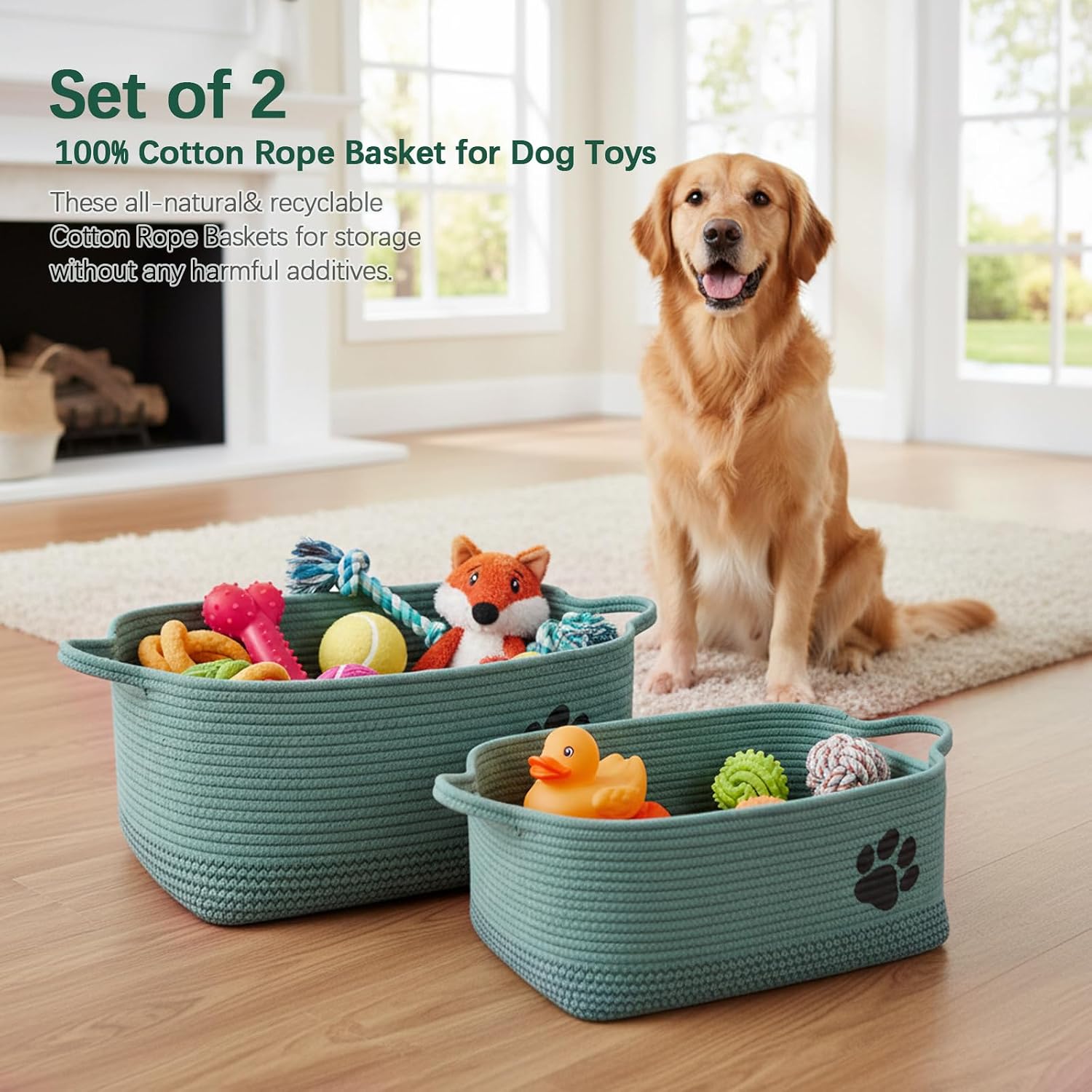 Set of 2 Woven Dog Toys Basket,Green Baskets for Dog Cat Toy,100% Cotton Rope Pet Toy Bin with Handles,Puppy Bed,Dog Storage Organizer for Toys,Collar,Leash,Nursing Supplies