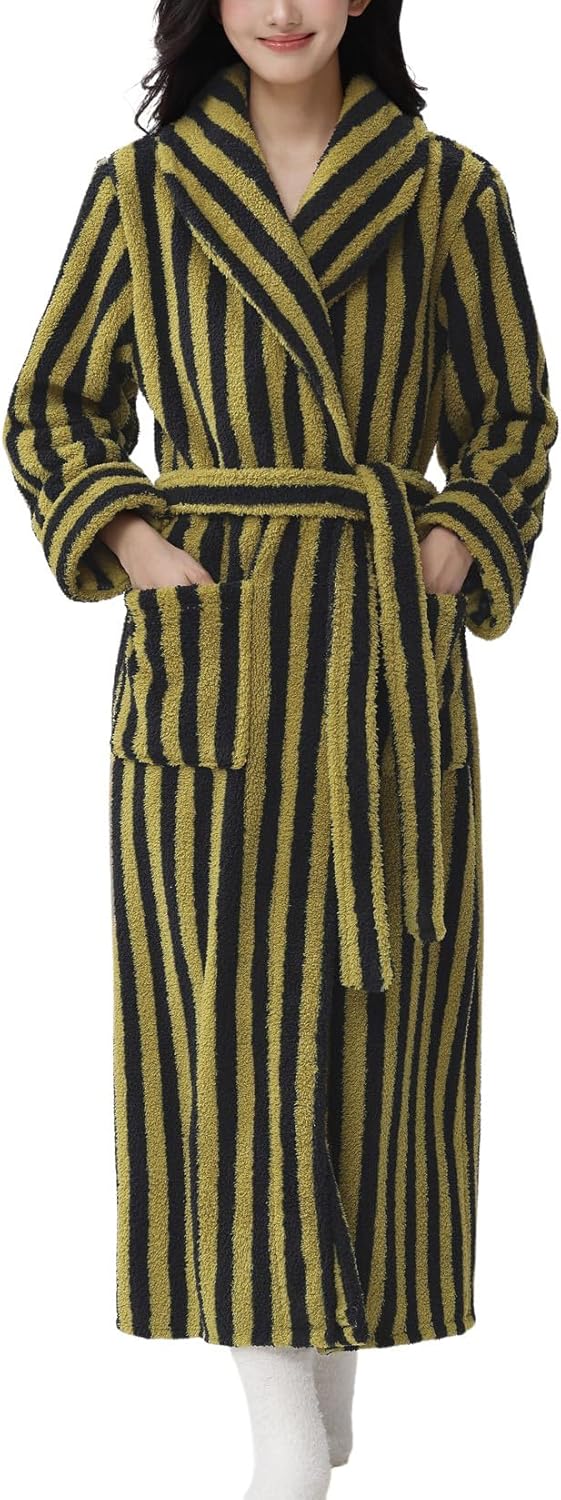Women's Striped Bath Robe Fleece Long Bathrobe Fluffy Plush Fuzzy Long Sleeve Soft Thick Warm